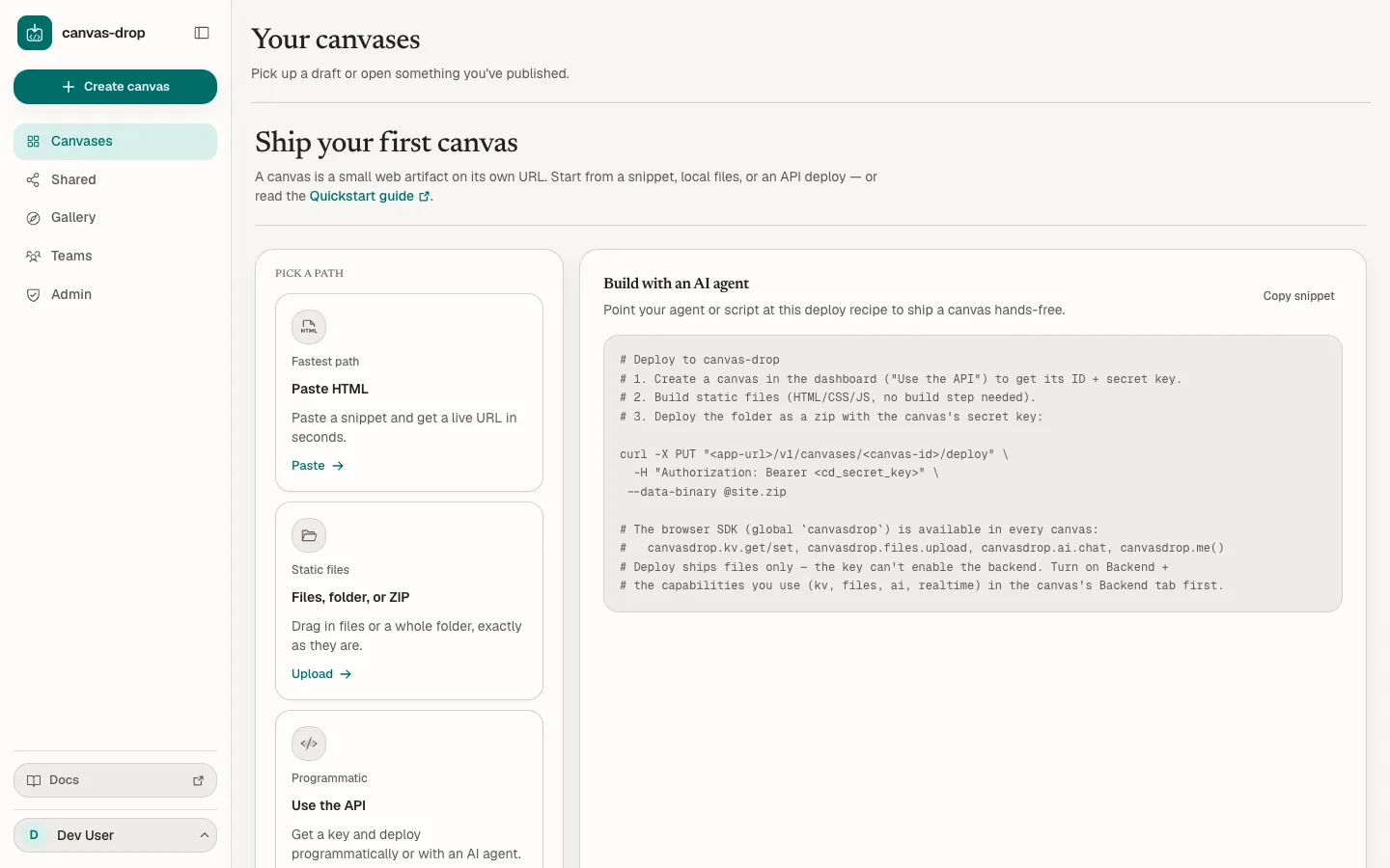 The empty canvas library with options to paste HTML, upload files, or use the API
