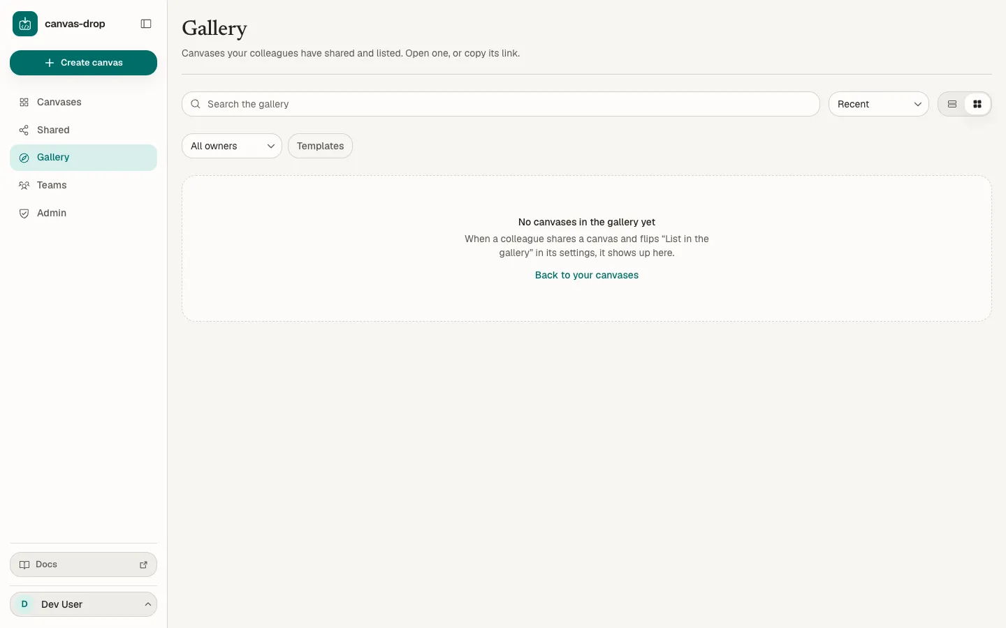 The Gallery before any canvases have been listed