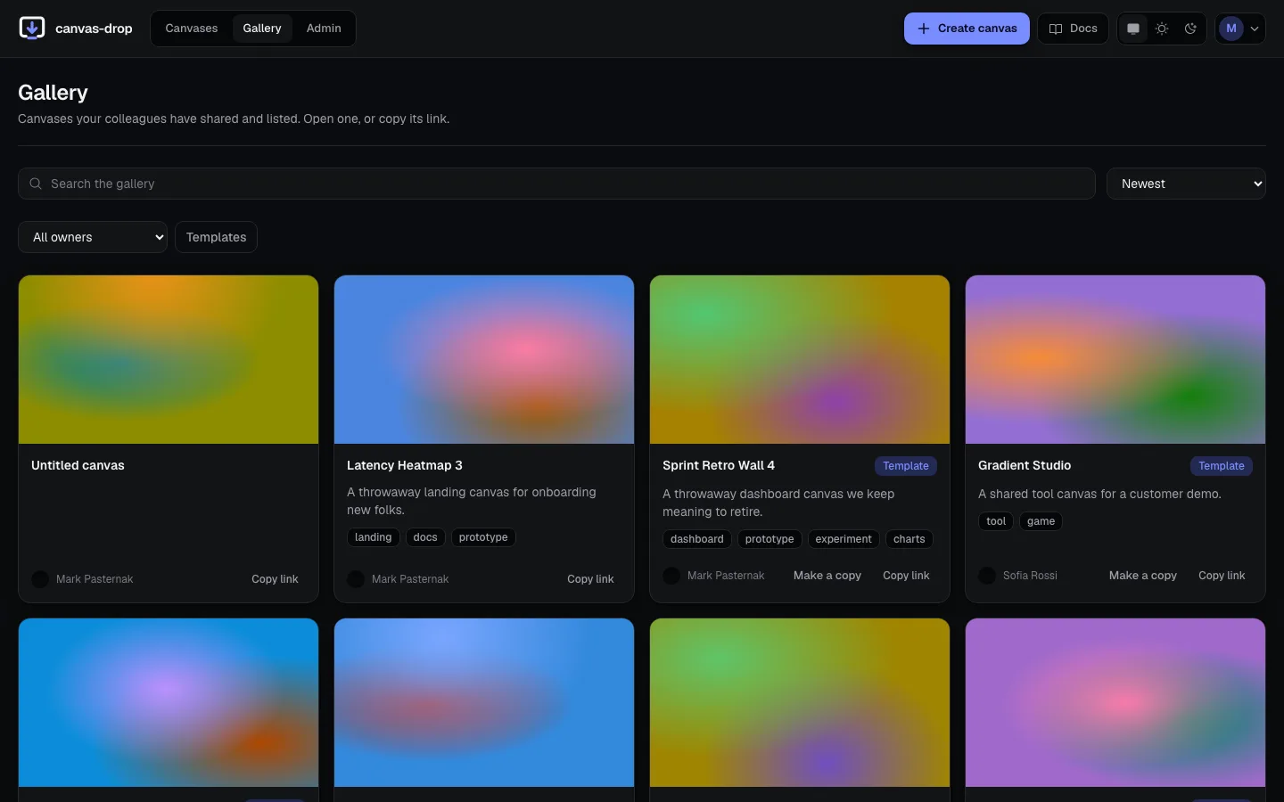 Shared gallery. Browse, search, and clone what the team has made, instead of screenshots buried in a DM.