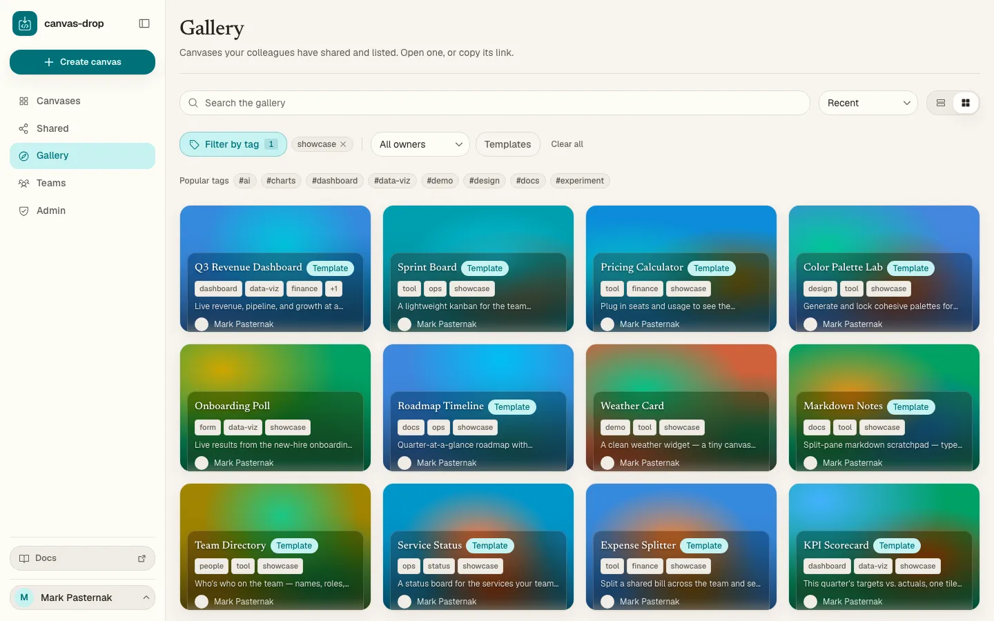 Opt-in gallery. Browse, filter by tag, search, and clone public or listed org-wide canvases. Featured picks appear up top, each with a real preview cover.