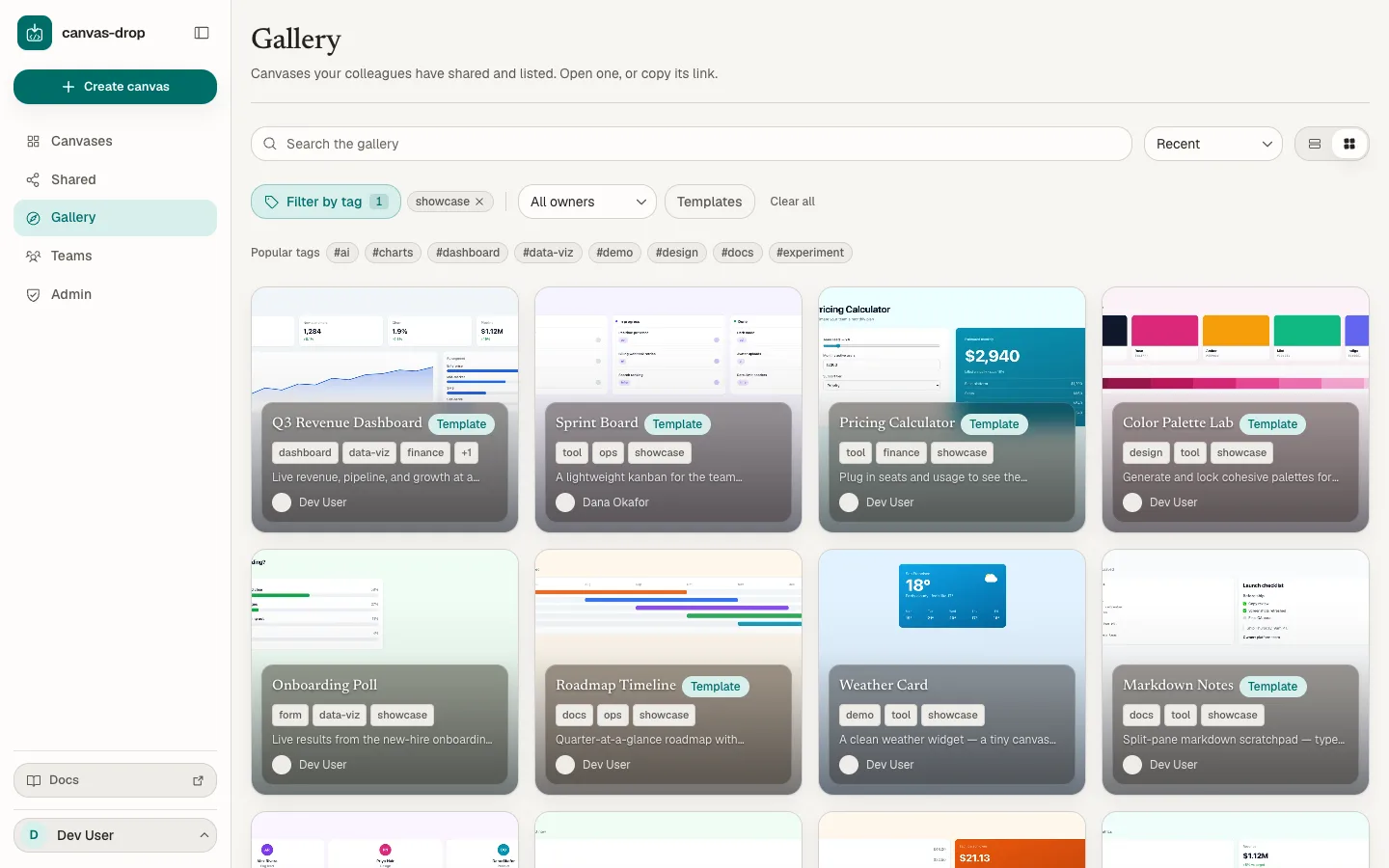 Opt-in gallery. Browse public canvases and the org-wide ones their owners chose to list. Search, filter by tag, and start from any one marked as a template. Admins can feature their picks.