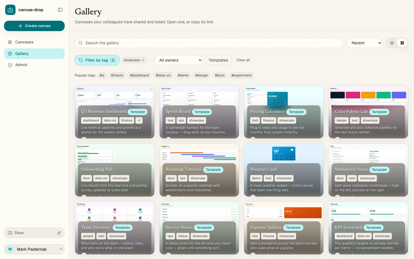 Shared gallery. Browse, filter by tag, search, and clone what the team has made — featured picks up top, each with a real preview cover, not screenshots buried in a DM.