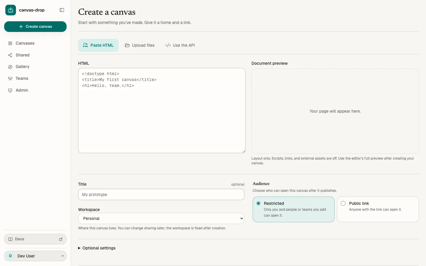 Create a canvas: HTML, document preview, title, workspace, and audience