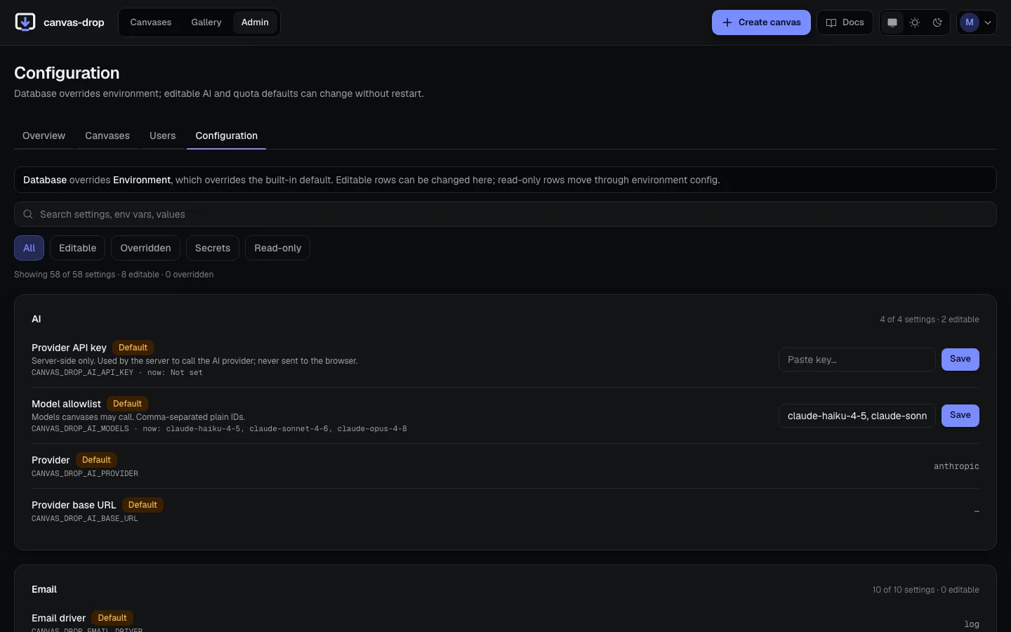 Admin & control. Tune quotas, manage members, and set who can publish, all from the admin console.