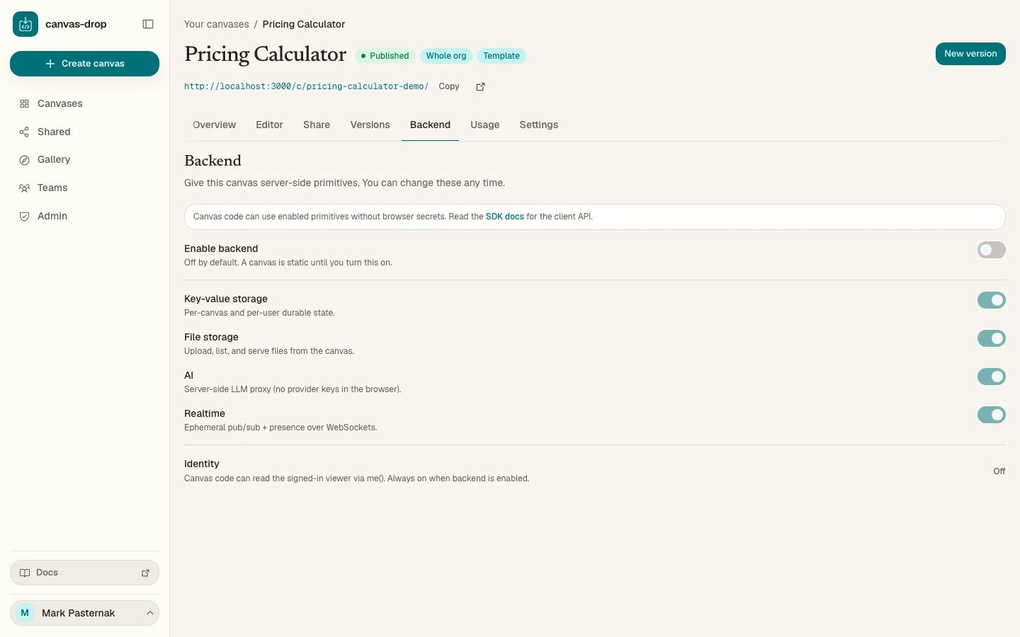 Backend in a click. Switch on the primitives a canvas can use: KV, files, AI, identity, realtime.