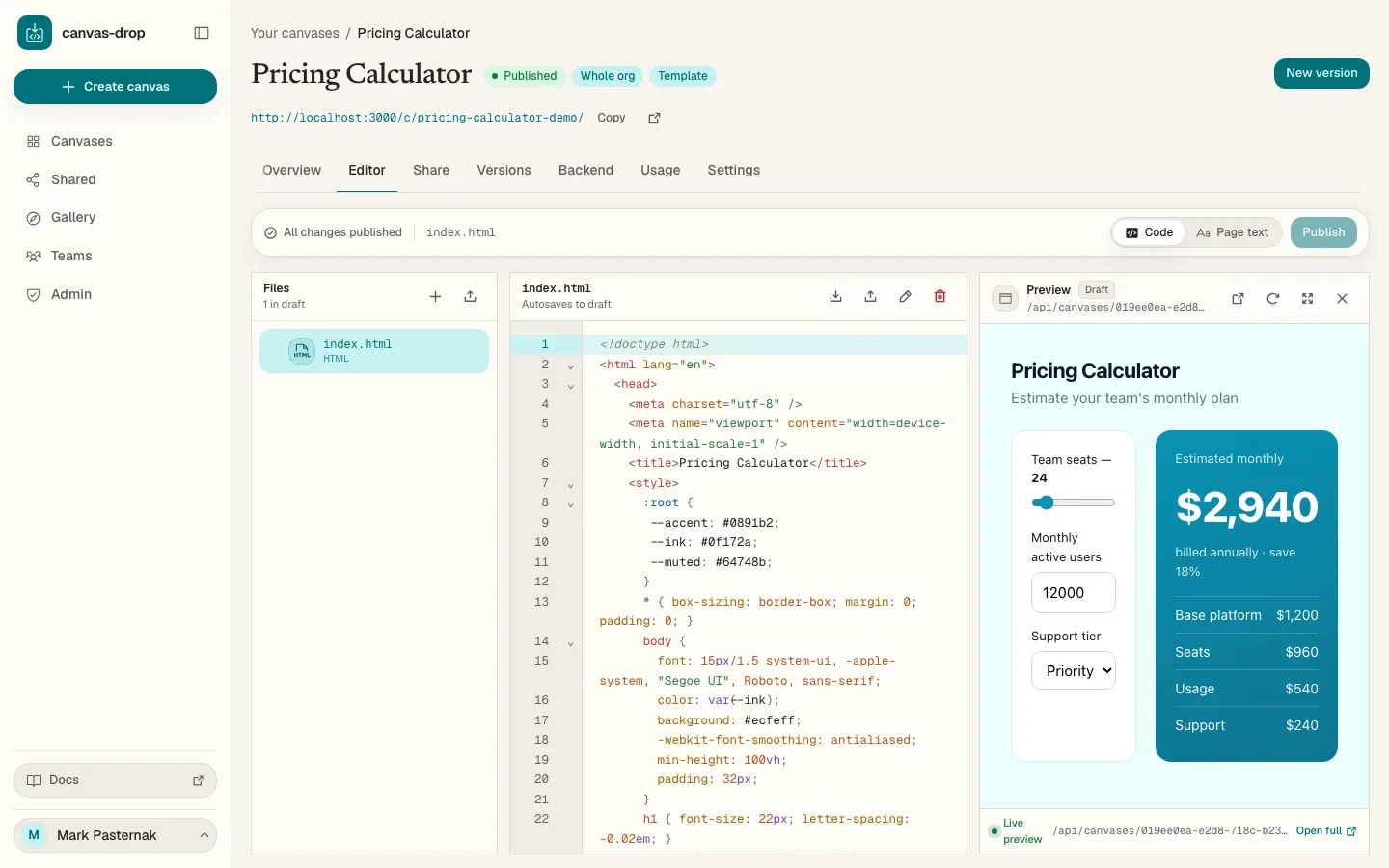 In-browser editor. Edit files, preview, and publish a new version. No local setup, no deploy pipeline.