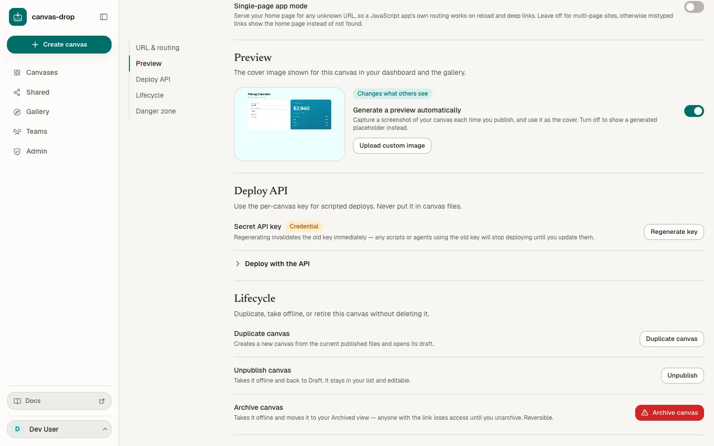 Preview covers. Choose each canvas's cover: an automatic screenshot on publish where your instance has capture switched on, none, or an image you upload that survives every publish.