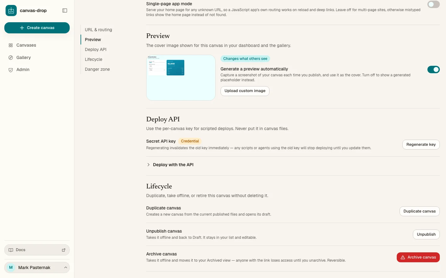 Preview covers. Every canvas gets an auto screenshot as its cover on publish — or turn it off, or upload your own image that sticks.