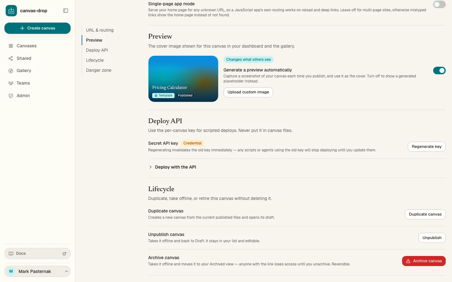Preview covers. Every canvas gets an auto screenshot as its cover on publish. You can turn it off, or upload your own image that sticks.