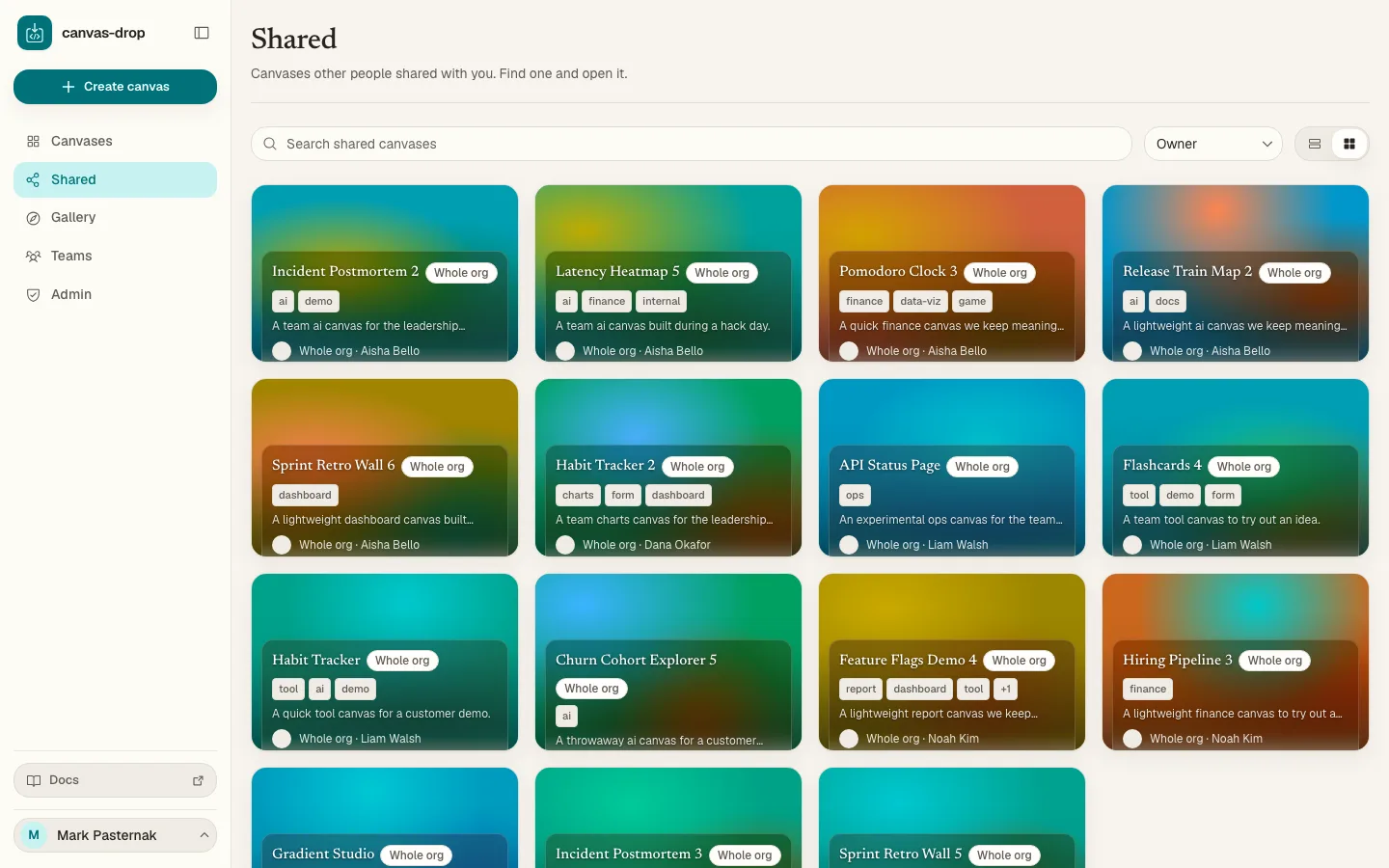 Shared with you. Find canvases other people opened to you. Search, page, switch list or gallery view, and open the right one fast.