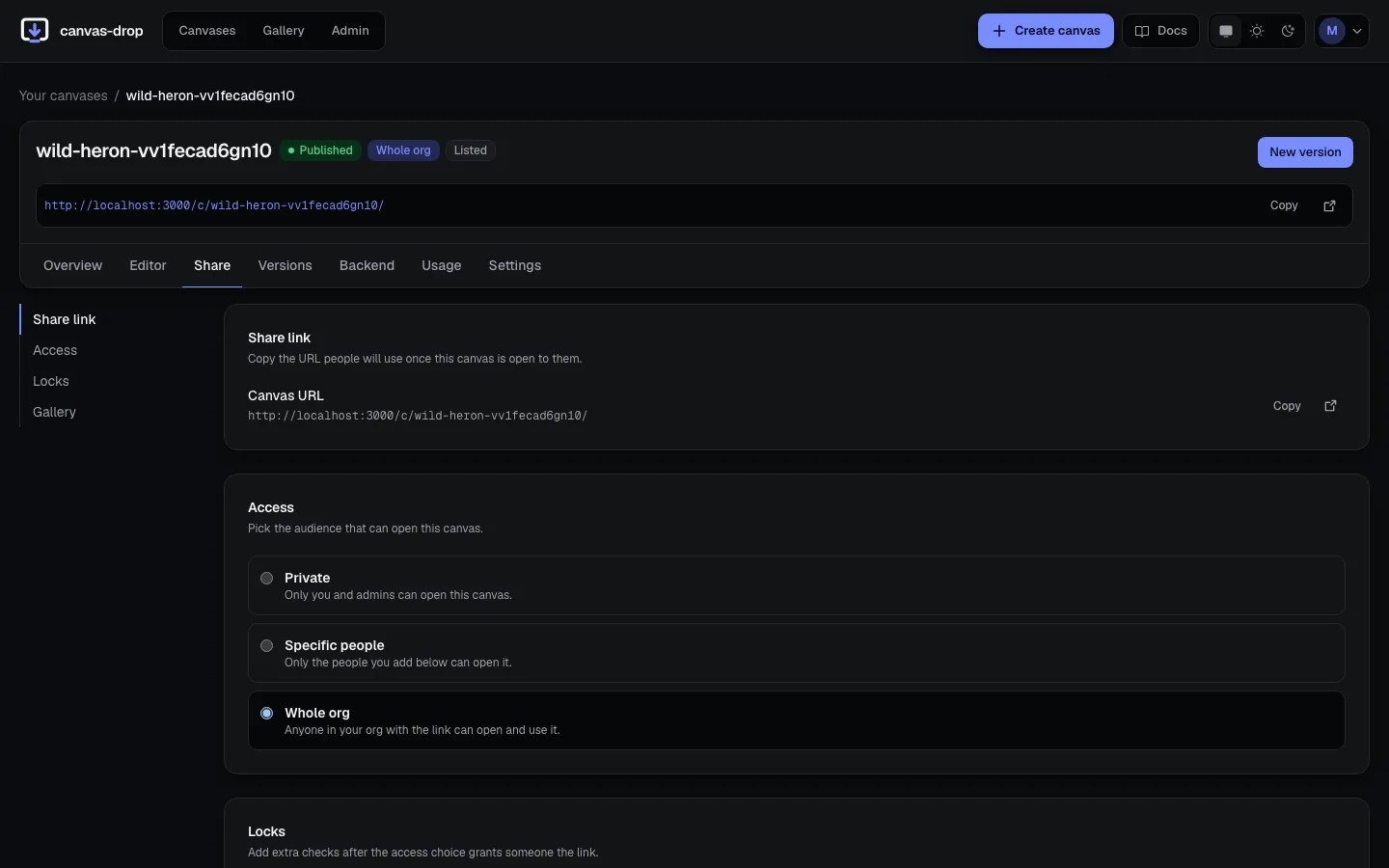 Sharing & access. Per canvas: keep it org-only, invite a guest, or open an admin-gated public link.