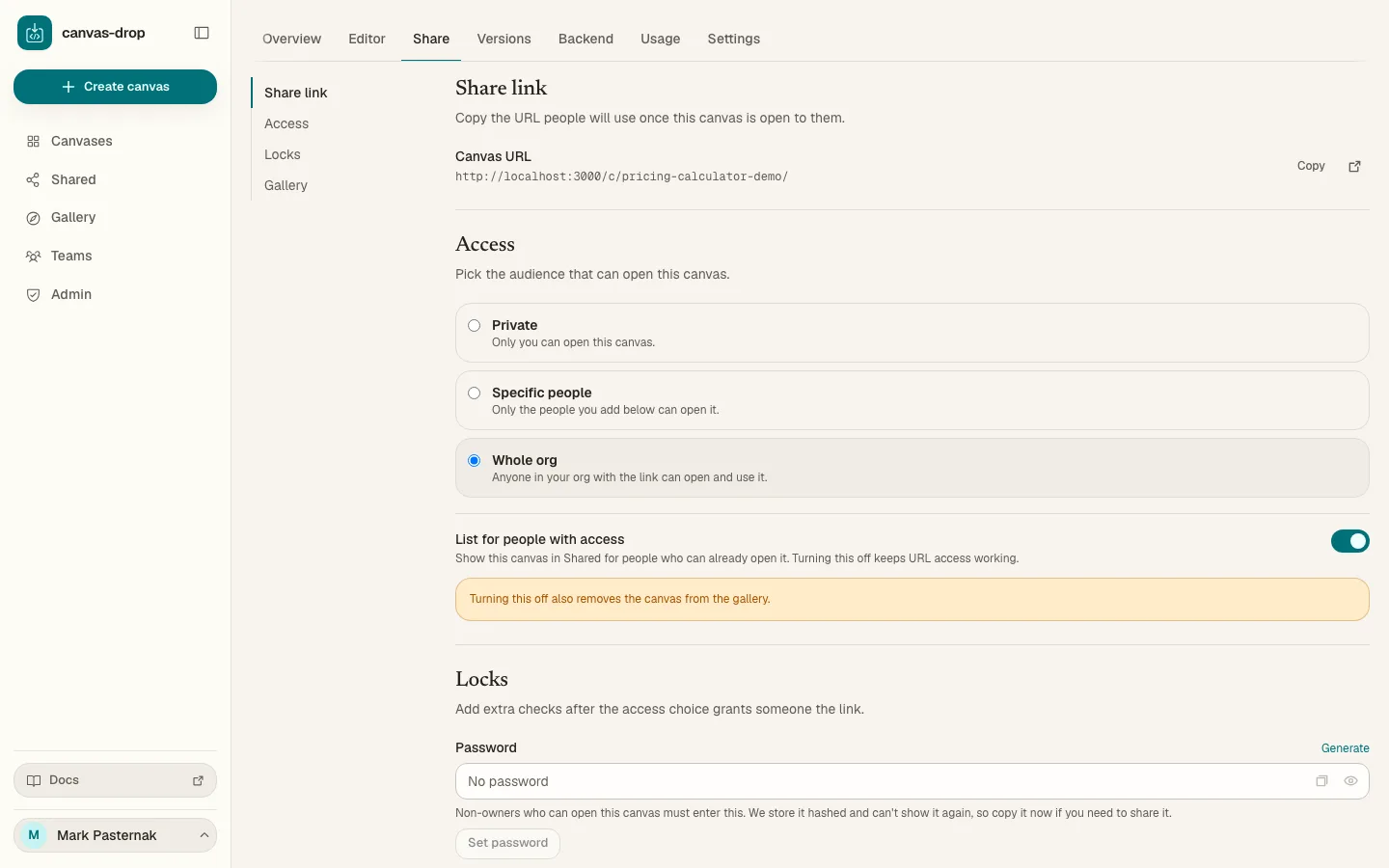 Share link & access. Copy the live URL, choose who can open it, and decide whether to keep Team and Whole-org shares link-only or list them in Shared.