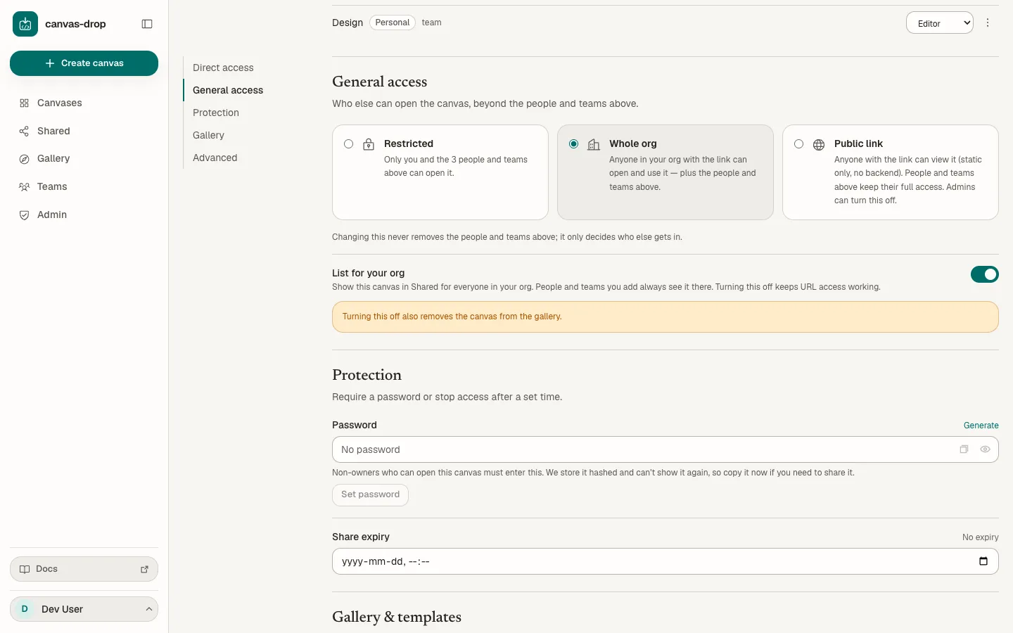 Share link & access. Copy the live URL, choose who else can open it — Restricted, Whole org, or Public link — and add a password or an expiry. People and teams you add always get in.