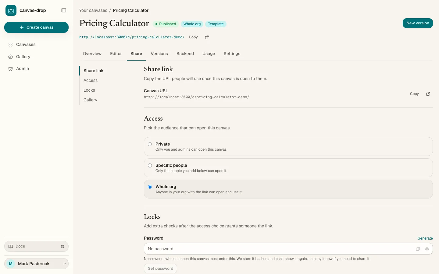 Sharing & access. Per canvas: keep it private, share with a team, add a named few, open it org-wide, or publish an admin-gated public link.